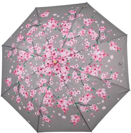PERLETTI GREEN Ombrello Pieghevole Ecosostenibile Tessuto Riciclato Donna Automatico - Ombrello Pioggia Resistente Ecologico da Viaggio - Ombrello Mini Apertura Automatica (Fiori di Pesco)