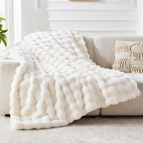 FASCINATDECO Kuscheldecke Flauschig Decke - 160x200cm Weiß Bubble Decke Sofadecke Couchdecke für Wohnzimmer Deko Tagesdecke Blanket, Weiche Wohndecke Flauschige Decke als Wohn- & Kuscheldecken