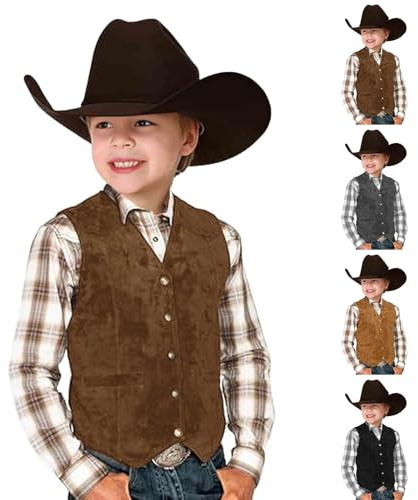 Bastwahl Steppweste Kinder 104, Trachtenweste Cowboy Weste Kostüm Retro Jungen V Ausschnitt - Western ärmellos Vintage Kinder-Westen Bequeme Reitweste Hochzeit Party OktoberfestBraun 140