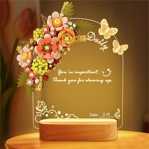 HERMORRYSS Nachttischlampe Mit Led Letterboard Weihnachtsgeschenke, Blumen Nachrichtentafel Bausteine Set, Geschenke für Frauen, Kinder, 3d Nachtlicht Nachrichtentafel für Hochzeit (Rosa)