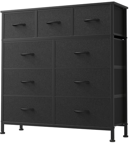 DUMOS 9 Drawer Dresser for Bedroom, Fabric Storage Organizer with Sturdy Metal Frame, Wooden Top Chest of Drawers for Closet Entryway Guest Room,Matte Black
