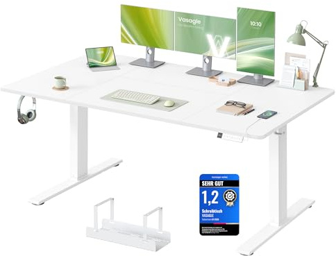 VASAGLE Höjdjusterbart elektriskt skrivbord, 160 x 80 cm, med USB-C-port, stativ för multiuttag, påminnelse om stillasittande livsstil, 3-höjds minnesfunktion, fjärrarbete, matt vit LSD146WZ02