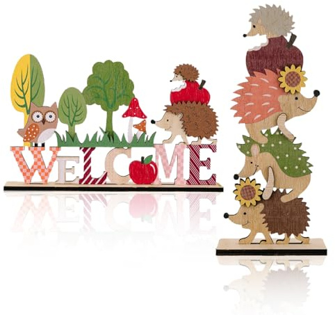 BSITSSS 2 Piezas Adornos de Madera de otoño de Acción de Gracias, Adornos de Acción de Gracias Decoraciones de Mesa de Madera, Adornosde Madera con Forma de Erizo y Ardilla