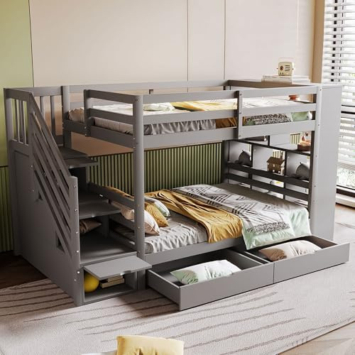 Etagenbett 90x200 cm mit Stauraumtreppe Schubladen großen Schließfächern Hochbett mit Holz Lattenrost Doppelbett Platzsparend Gästebett Ohne Matratze Grau