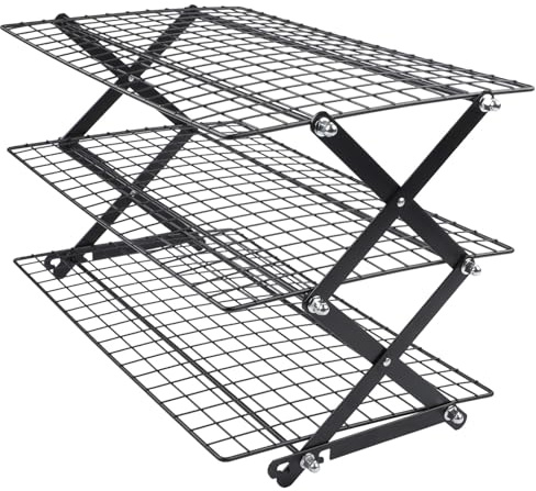 MoSundi Grille de refroidissement pliable pour pâtisserie, grille de cuisson empilable pliable à 2/3/4 niveaux, grille en fer noir pour cookies, gâteaux, muffins, pain à trois couches