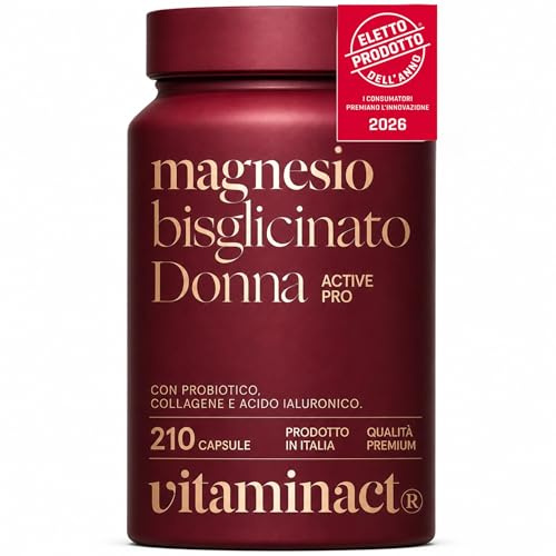 Magnesio Bisglicinato Donna - Vincitore Prodotto Dell'anno 2026-210 Capsule - 500 MG di Magnesio Chelato a Capsula -Fornitura 7 Mesi- L'unico con Collagene, Acido Ialuronico e Probiotico -Vitaminact
