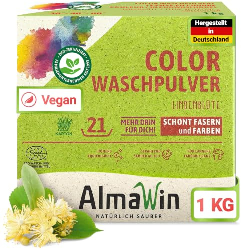 AlmaWin® Color Waschpulver [1kg - 21 Ladungen] mit Lindenblüten-Duft für strahlende Reinheit – Öko Waschmittel Pulver Color anwendbar für 30-60°C – Veganes Bunt-Waschpulver