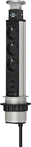 Brennenstuhl Tower Power Grenuttag 3-vägs med USB (Bordsuttag, med 2 USB-Portar, 2m Kabel, Uttag är helt infällbar) silver/svart
