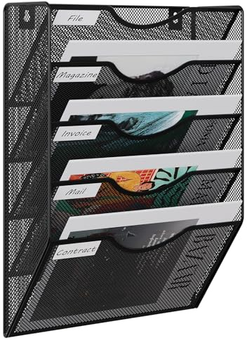 EasyPAG Metal 5 Tier A4 Wall Mounted Document Holder,Hanging Wall File Organiser,Pigeon Holes Storage,Wall Pocket,Filing Tray,Magazine Rack for Office & Home,Black