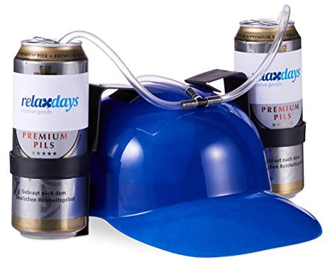 Relaxdays 4 x party dryckeshjälm, hjälm med slang, för 2 burkar öl, roliga artiklar karneval och fotboll, rolig ölhjälm, blå