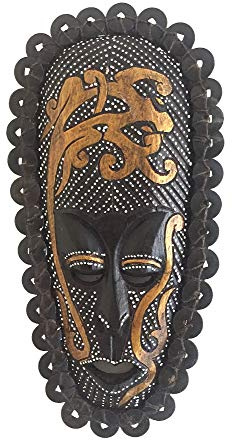 OMA Handcrafted African Tribal Wall Mask with Real Ceremonial Coins – Solid Wood Maori-Style Face Art for Home Decor (Natural Brown)
