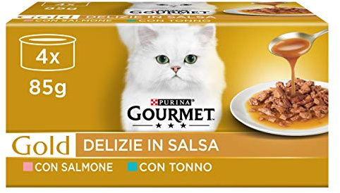 GOURMET Gold Cibo Umido per Gatti Adulti Delizie in Salsa con Salmone e Tonno, 48 Lattine da 85 g, Ricetta dal gusto intenso