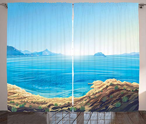 ABAKUHAUS Grafik-Strand Rustikaler Gardine, Seascape Cartoon, Schlafzimmer Kräuselband Vorhang mit Schlaufen und Haken, 280 x 260 cm, Sky Blue Pastel Braun