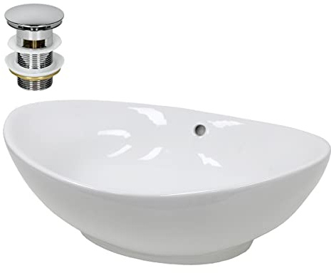 ECD Germany Waschbecken Waschtisch 590x390x200 mm Keramik Oval Weiß inkl. Ablaufgarnitur für Waschbecken mit Überlauf Aufsatzbecken Aufsatzwaschbecken Aufsatzwaschtisch Waschschale Spülbecken Becken