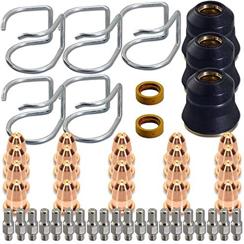 AWLOLWA 50 Stück Plasmaschneider Brenner S45 Zubehörsatz PR0010 Elektroden PD0116-08 Düsenspitzen Abstandshalter Führung Haltekappe Gasdiffusor CV0010 Verbrauchsmaterialien für S45 Brenner