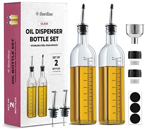 Superior Glass Oil Bottle Drizzler - Set Of 2 - 500ml Olive Oil Dispenser Bottle for Kitchen - Refill Funnel, Pouring Spouts & Labels - Lead-Free Glass Oil and Vinegar bottle, BPA-Free Cruet Set