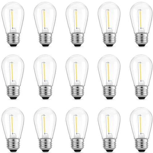 ZASTION 15 Pack LED S14 Replacement Light Bulbs, Meconard Shatterproof Waterproof 2W Outdoor String Light Bulbs, E26 Medium Base, 2200K Warm White, 120LM, CRI90, Non-Dimmable