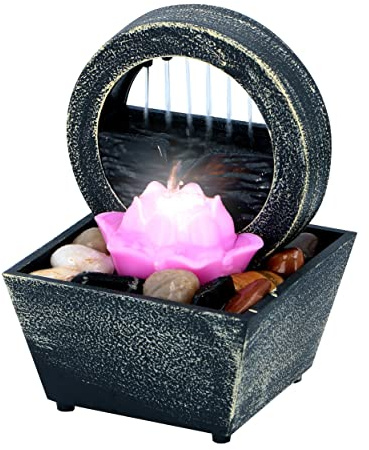 Arti CASA Fontaine de Table Fleur de Lotus - Fontaine d'intérieur avec lumière LED - Effet Positif - Fontaine avec Galets - 11,5 x 17 cm, Gris