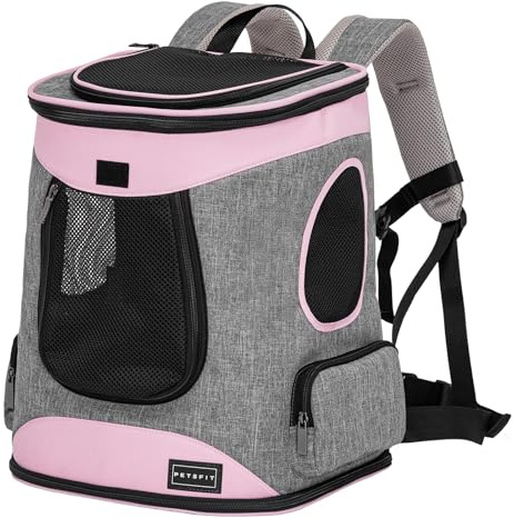 Petsfit Hunderucksack & Katzenrucksack für große Katzen bis 5kg - Leichter Katzen Rucksack mit Netzfenster, Brustgurt & Polster - Atmungsaktiver Rucksack für kleine Hunde und Katzen, Rosa+Grau
