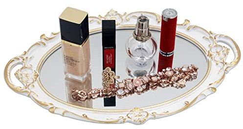 Funerom Vintage 36,8 x 25,4 cm Vassoio decorativo a specchio, organizzatore di trucco, organizzatore di gioielli, vassoio di servizio Bianco