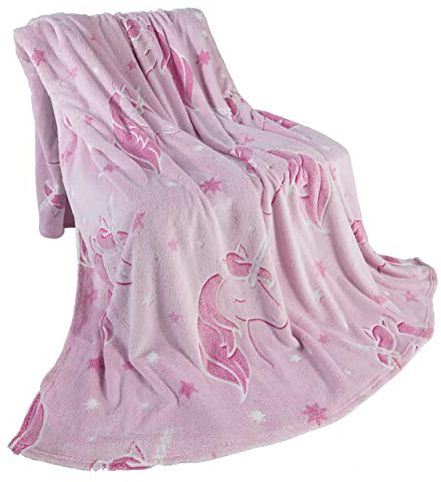 BaSaTex Kuscheldecke, 150x200 cm, Einhorn - Pink | Kinder Flanell, Sofadecke, leuchtet im Dunkeln, Glow in the Dark