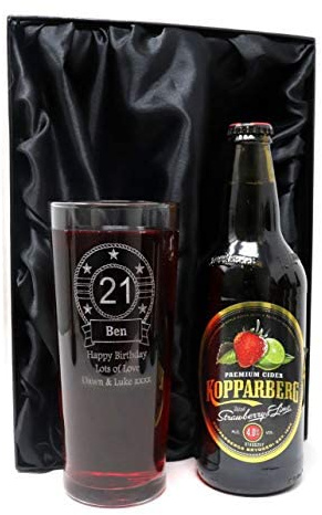 Personalised Engraved Birthday Pint Cider Glass For Son on his 18th or 21st Birthday. Gift For Dad - Birthday Design (Kopparberg Strawberry & Lime Cider, Silk Lined Gift Box) 4% vol