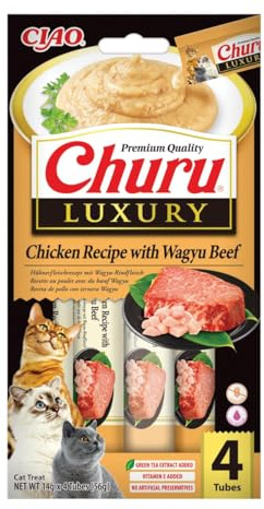 INABA Churu Luxury Snack per Gatti Cremoso con Tonno e Carne Wagyu - 1 Pack (4 Stick x 14gr) - Delizioso e Pregiato Cibo per Gatti da Leccare - Snack Gatto Senza Conservanti o Coloranti Artificiali