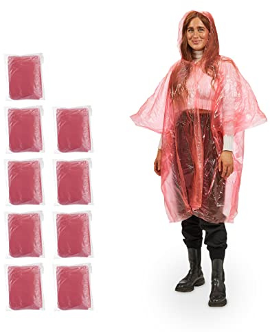 Relaxdays Poncho Antipioggia, Set da 10, Cappuccio, Mantellina Impermeabile per Adulti, Monouso, Unisex, PE, Rosso