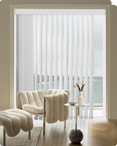 Graywind Modern Vertical Blinds - Delicate Textured Fabric for Soft Light Filtering (50% Dimout), Custom Made with Easy Wand Control, Complete Track & Slats Set for Patio Door & Window, Striped White