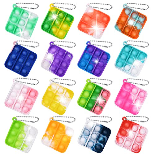 Ainiv Pop Push It Fidget Toy, 16 Stück Mini Silikon Schlüsselbund Toys, Anti Stress Sensorik Pop Figetttoys Spielzeug mit Schlüsselanhänger, Poppet Bubble Finger Toys Autismus for ADHS Squeeze Toys
