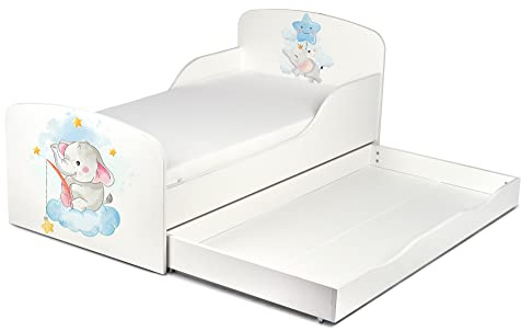 Leomark Einzelbett aus Holz - Baby Elephant - Kinderbett mit Schubladen für Bettwäsche, Stauraum, Holzbett mit Matratze + Lattenrost, Komplett Set, Liegefläche 70/140 cm, UV-Druck