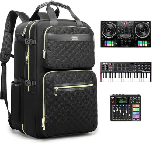 Rabjen Mochila DJ para Club Gigs, funda mezcladora DJ compatible con Pioneer DJ DDJ-REV1, controlador DJ, teclado Novation Launchkey de 37 teclas y más equipos