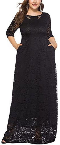 ORANDESIGNE Abiti in Pizzo Plus Size Donna Vestito Lungo Midi Abito Maniche a 3/4 Girocollo Vestito da Sera Maxi Abito con Tasche Taglie Forti Cerimonia Cocktail Partito Festa B Nero XL