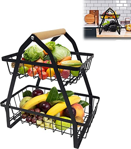 Froadp 27x17x30cm Obst Etagere 2 Etagen Obstschale aus Metall Obstkorb mit Holzgriff Gemüsegestell Abnehmbar Obsthalter Küche Aufbewahrungskorb für Obst Gemüse Brot Snacks (Schwarz)