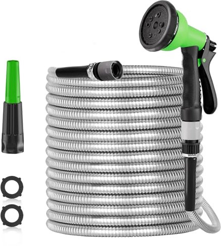 SPECILITE 50ft 304 Stainless Steel Garden Hose, Heavy Duty Flexible Metal Water Pipe with 2 Nozzles for Yard, Outdoor,No Kink and Tangle,Puncture Resistant
