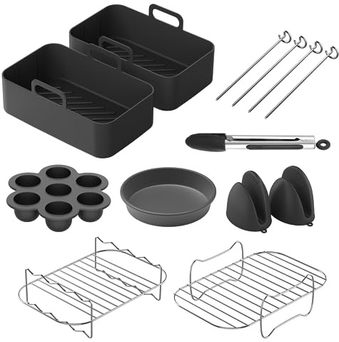Air Fryer Accessories, Set of 9 Fit for Ninja Dual Air Fryer AF300UK AF400UK, 8.46inch Reusable Air Fryer Liners, Silicone Gloves, Air Fryer Rack, Food Clip, Pizza Pan, Compatible with Oven, Microwave