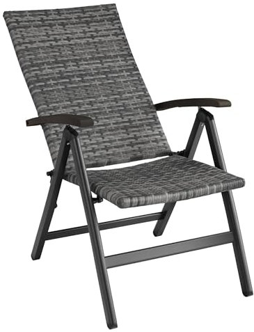 tectake® Alu Polyrattan Gartenstuhl, klappbarer Sessel mit 6-Fach Verstellbarer Rückenlehne, wetterfest, Aluminiumgestell, Campingstuhl mit Holzarmlehnen, Stuhl für Garten, Balkon, Terrasse - grau