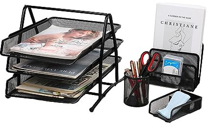 JEBELE Organizador de Escritorio de Oficina, Juego de 4 Soportes – Bandeja de Archivo de Papel A4 de 3 Niveles, Maceta para bolígrafos, Soporte para Bloc Notas,Estante clasificador de Cartas Negro