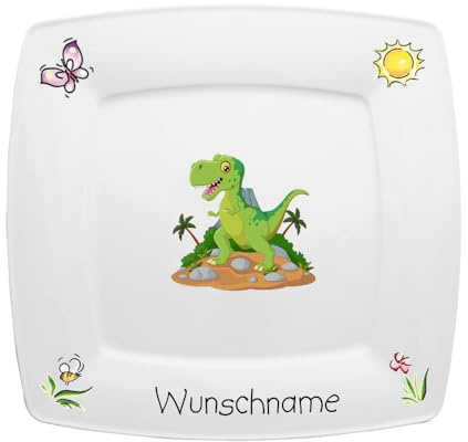 Doriantrade Frühstücksteller eckig Kinderteller Teller Porzellan Dinosaurier personalisierbar mit Wunschname Name Kindergeschirr mit Namen personalisiert