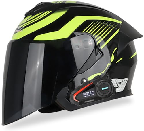 Bluetooth Casco Moto Demi-Jet Moto con Doppia Visiera ECE/DOT Certification Vintage Caschi Moto Scooter per Donna e Uomo Demi Jet, con Microfono per Risposta Automatica