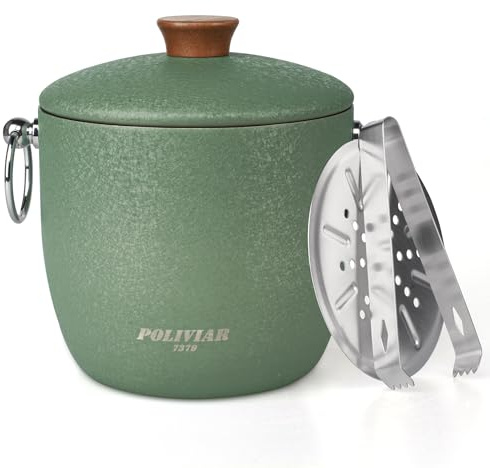 Poliviar Edelstahl Eiswürfelbehälter mit Deckel u. Zange- 2,5 Liter Doppelwandiger Eisbehälter- Eiseimer für kalte Getränke - Premium Eiskühler Perfekt für Bier, Sekt, Wein