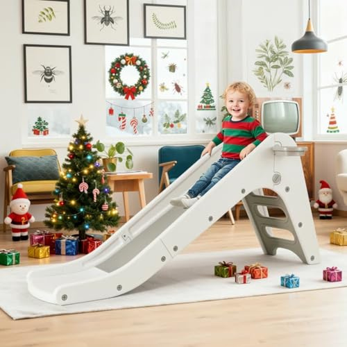 MAMIZO Freestanding Toddler Slide, 2 in 1 Large Ladder and Extend Slope Slide, with Basketball Hoop & Ball, Indoor/Outdoor Garden Play Equipment for 3 Years+ (White Grey)