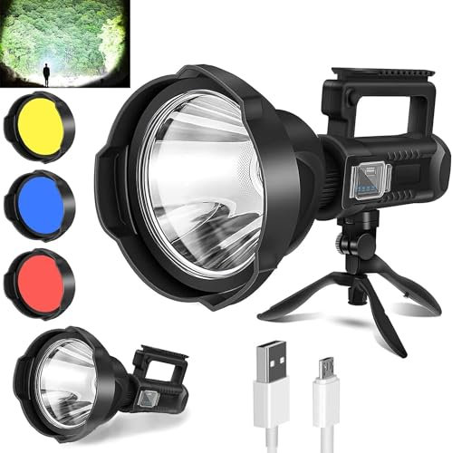 Sogidon Rechargeable Spotlight, 1,000,000 Lumen LED Spot Lights Handheld Large Flashlight High Lumens Super Bright Searchlight with 4 Modes, 3 Colored Lenses, USB Output, IPX5 Waterproof, Tripod