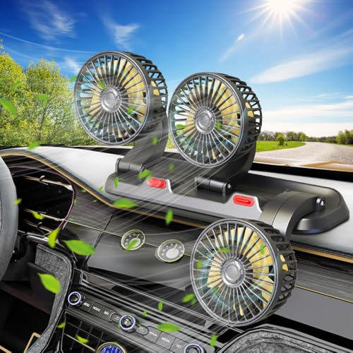 3-Head Car Fan, 12V Electric Portable Cooling Fan with Cigarette Lighter Plug, 360° Rotatable Dashboard Fan, 3 Adjustable Speeds, Powerful & Quiet Air Circulator for Van, SUV, RV, Truck, Vehicle