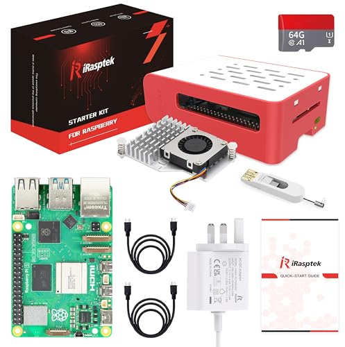 iRasptek Starter Kit for Raspberry Pi 5 4Go - Édition OS-Bookworm de 64Go préinstallée (boîtier Rouge et Blanc)