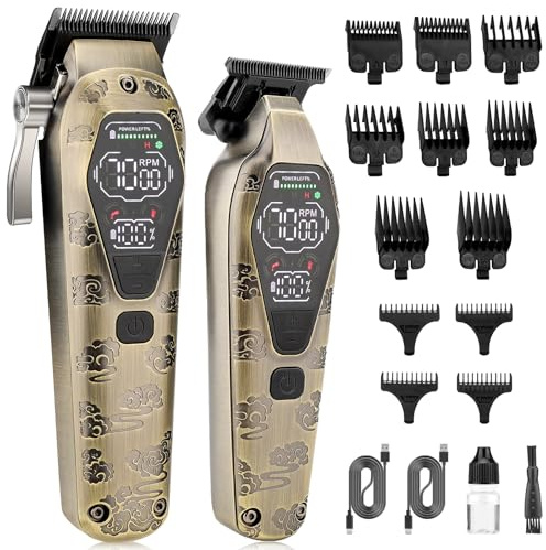 QREEYX Professional Hair Clipper for Men - Cordless Clippers and Trimmers Set, Heavy-Duty Motor Hair Cutting Kits with LED Display, 7000RPM High-Power Motor, USB Charging, Gifts for Men, Bronze