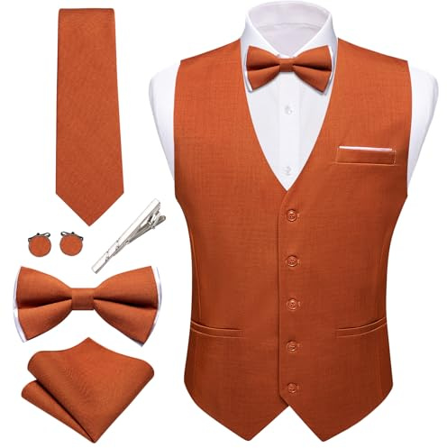 Barry.Wang Mens Burnt Orange Suit Vest Linen Formal/Casual Waistcoat Tie Bow Tie Set Wedding Party