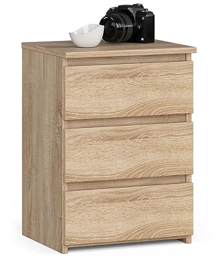 Kommode mit 3 Schubladen Kommode Schlafzimmer Flur Wohnzimmer Organizer Kommode mit Schubladen 40 cm breit 57 cm hoch | Sonoma Eiche Holz Highboard Sideboard Mehrzweckschrank Schrank schmal
