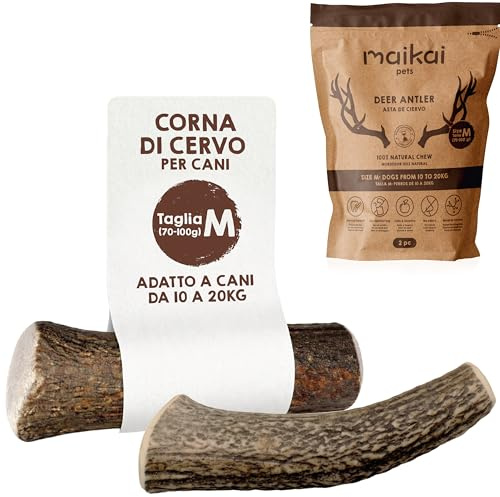 MAIKAI Confezione da 2 Corna di Cervo per Cani Grandi M – Masticativo Naturale Senza Punta – Osso Sicuro Antitartaro – Giocattolo Antistress Resistente – Snack Lungo Durata - Regali per Cani