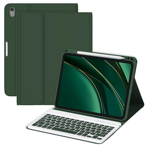 MMK for iPad 11/10th Gen Case with Keyboard 11/10.9 inch 2025 A16/2022, Detachable Wireless Bluetooth Keyboard with Pencil Holder, UK Layout Keyboard Case for iPad 11/10 Gen, Green